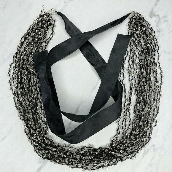 Black Multi Strand Beaded Ribbon Tie Necklace - Picture 1 of 11